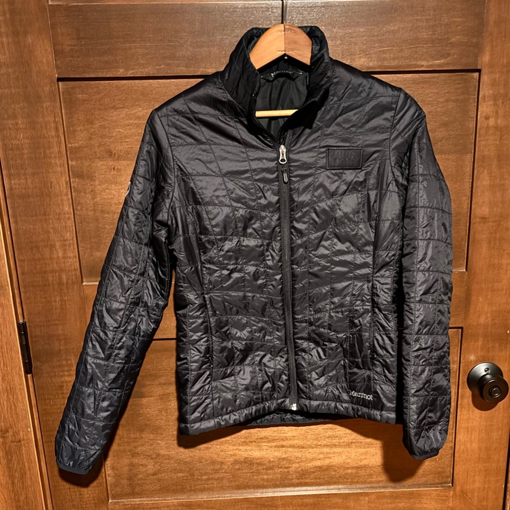 Marmot Black Puffer Jacket Size Small with Bud Light Beer Logo